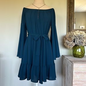 Vici tiered mini dress in blue green elastic waist with tie bell sleeves large